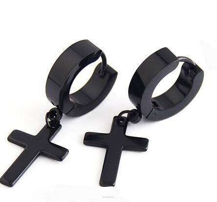 Kolczyki stalowe unisex krzyże na kółku czarne 1,3 cm Punk Rock