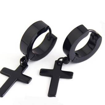 Kolczyki stalowe unisex krzyże na kółku czarne 1,3 cm Punk Rock