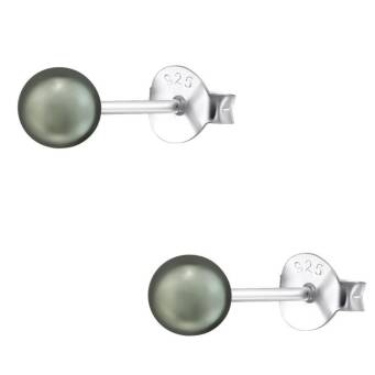 Srebrne kolczyki szklane perły zielono-szare 4 mm