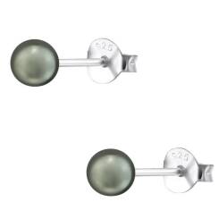 Srebrne kolczyki szklane perły zielono-szare 4 mm