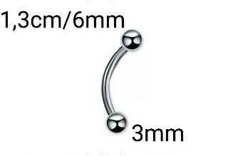 Kolczyk stalowy srebrny mały banan 1,3 cm z kulkami 3 mm do piercingu brwi nos
