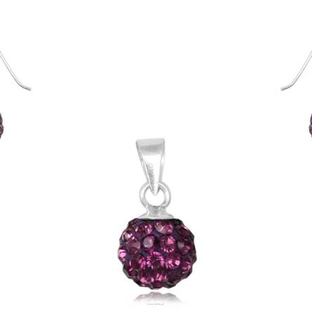 Komplet srebrny kulki a'la Swarovski fioletowe